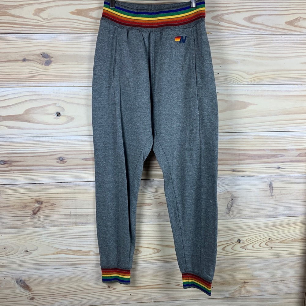 Aviator Nation Joggers Women M Gray Rainbow Stripe Relaxed Sweatpants Retro USA